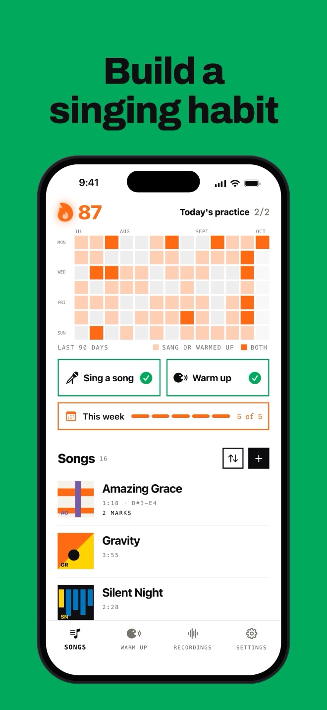 Today's practice and the weekly goal on the Songs screen: build a singing habit.